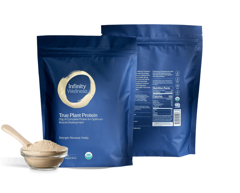 Infinity Wellness True Plant Protein packaging with a scoop of protein powder on a green background