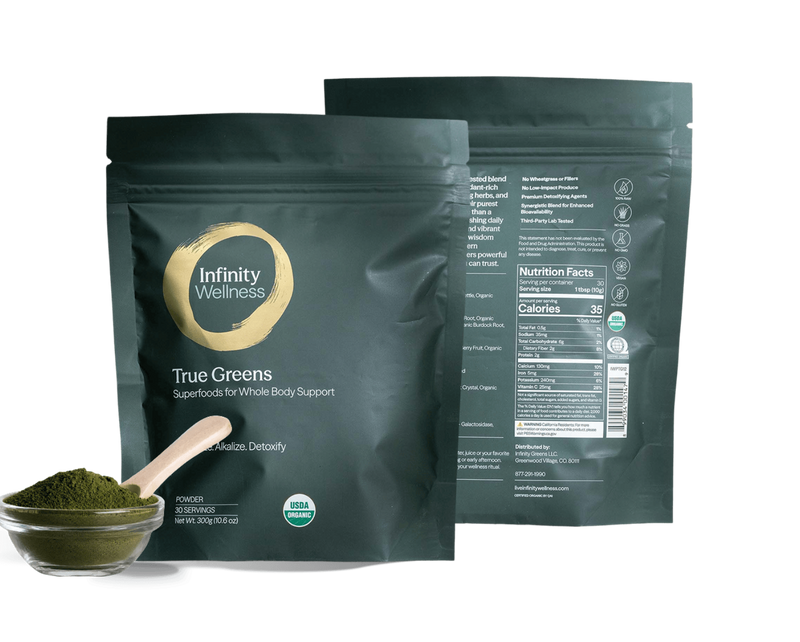 Infinity Wellness True Greens package with a spoonful of green powder on a transparent background